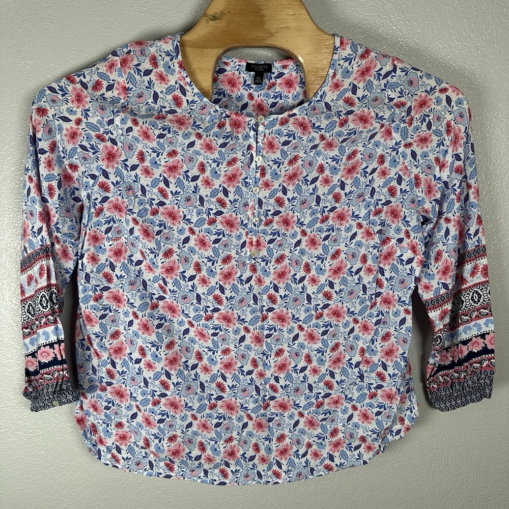 Talbots Botanical Floral Popover Peasant Top Women 1XPetite Blue Pink Boho Rayon